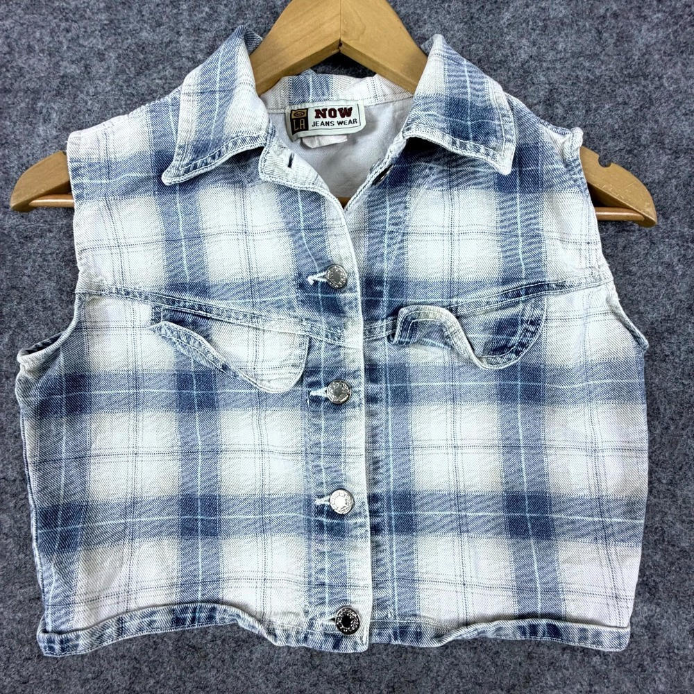 Vintage Now LA Jeans Wear Cropped Vest Small Blue White Plaid Denim Y2K Preppy